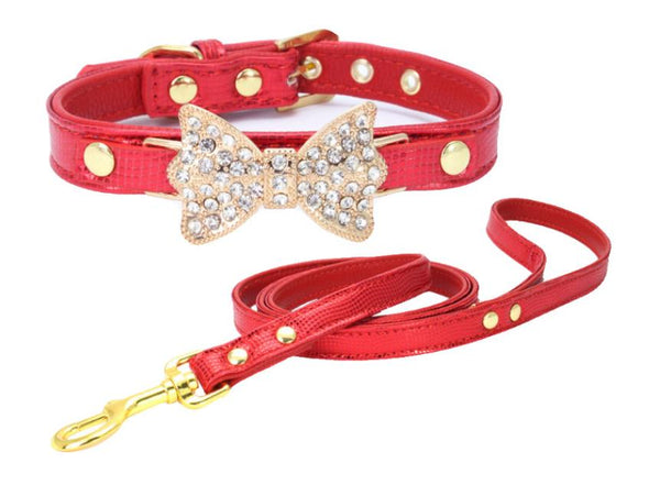 Diamond Decorated Butterfly Pet PU Collar Leather Leash Training Dog Rope Pet Neck Chain Pet Supplies