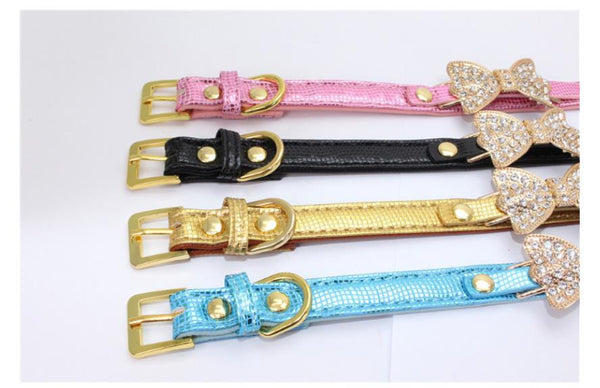 Diamond Decorated Butterfly Pet PU Collar Leather Leash Training Dog Rope Pet Neck Chain Pet Supplies