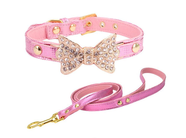 Diamond Decorated Butterfly Pet PU Collar Leather Leash Training Dog Rope Pet Neck Chain Pet Supplies